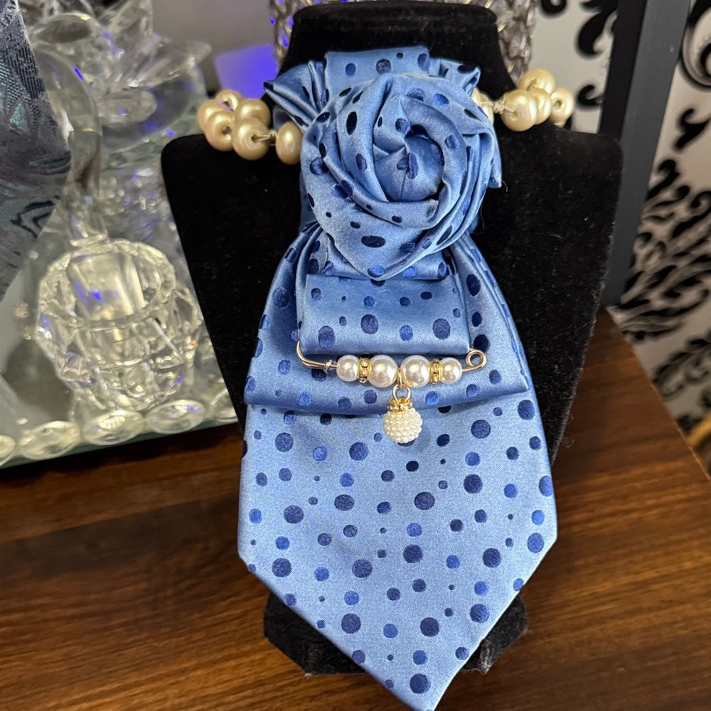 Blue Polka Dot Tie with Pearl Brooch